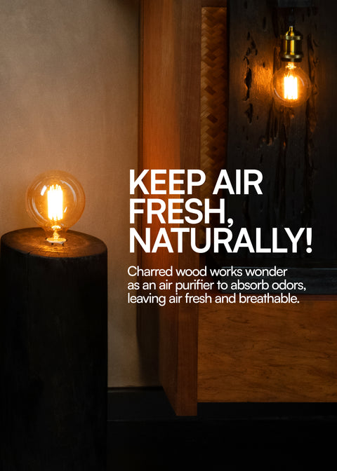 Vintage-style Edison light bulb with visible glowing filaments, mounted on a round charred or dark wooden base with a textured, cracked surface.